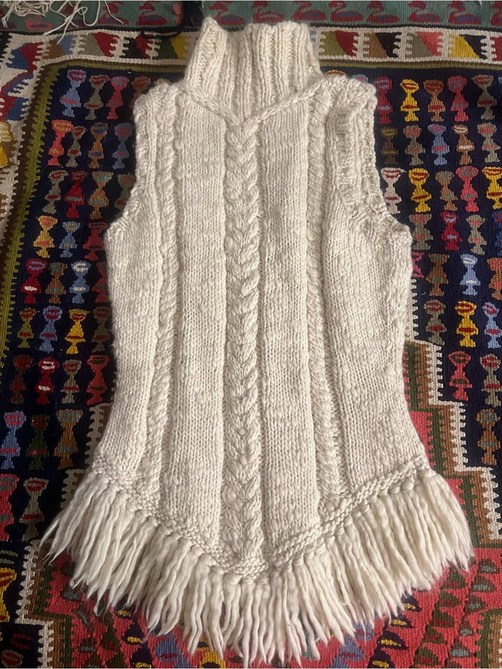 Ralph Lauren Blue Label Cream Cable-Knit Fringe Turtleneck Sweater Vest L